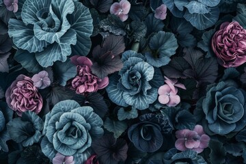 Assorted blue and pink flowers on a dark background