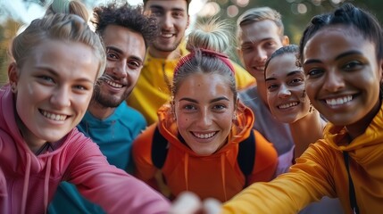 Happy smiling group of sporty young people standing in a circle with hands in stack  after sport training in the city park. Workout in nature and healthy lifestyle concept.