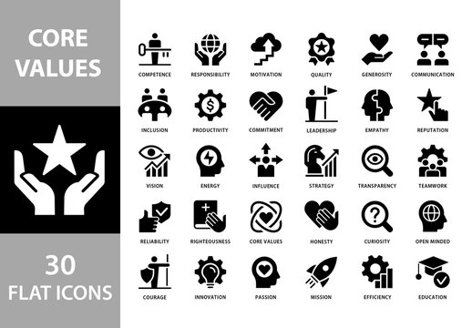 Core Values Black and White Flat Icons Set