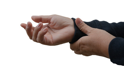 A person in a black long-sleeved shirt is holding their left wrist with their right hand. The...