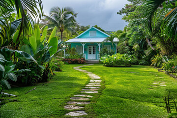 A powder blue house with a stone path leading through a lush, green lawn.