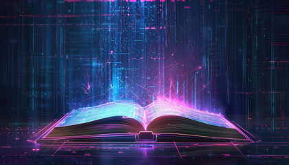 Naklejka premium A book is opened on a table with a blue light shining on it by AI generated image