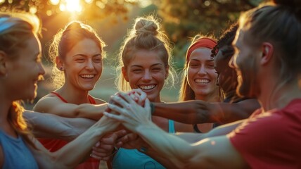 In the morning after a workout in the city park, a cheerful and active group of people stands in a circle, smiling and holding their hands together in a stack. 