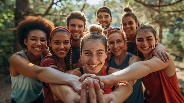 In the morning after a workout in the city park, a cheerful and active group of people stands in a circle, smiling and holding their hands together in a stack. 