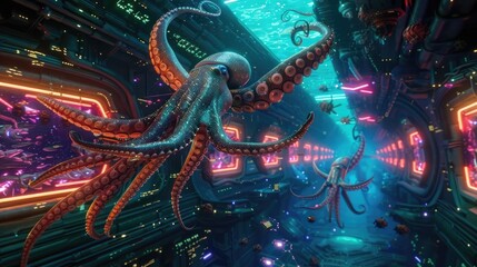 Majestic Giant Squid Soaring Through a HighTech Underwater Tunnel in a CyberInspired Ocean Environment