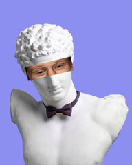 Plaster head model, statue with bow tie and male eyes i glasses photo element on purple background. Modern design. Contemporary colorful art collage. Concept of creative vision, emotions.