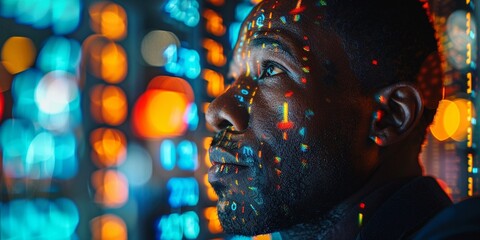 Portrait of Black Stock Market Trader Doing Analysis of Investment Charts, Graphs, Ticker Numbers Projected on His Face. African American Financial Analyst, Digital Entrepreneur Successfully Trading