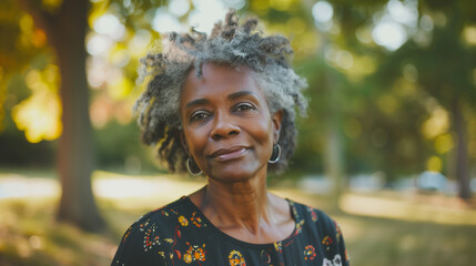 Portrait of a senior older black woman, natural looking smile to camera with out of focus park setting in background. - obrazy, fototapety, plakaty