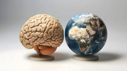 Two brains in competition with painted world map symbolizing global intelligence