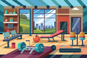 Naklejka premium Modern gym interior with various fitness equipment and a cityscape view through large windows