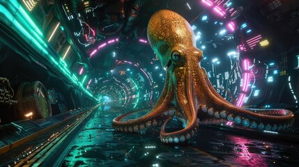 Bioluminescent Underwater Tunnel A Giant Squid Commanding the HighTech CyberSea - obrazy, fototapety, plakaty