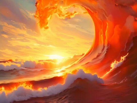 A painting of a large wave in the ocean. The wave is made of fire and is crashing against a rocky coast. The sky is dark and there are clouds in the background.