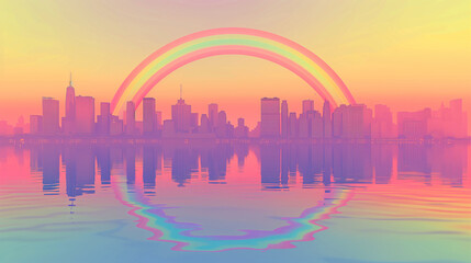 Obraz premium **A digital illustration of a simple rainbow arching over a minimalist cityscape, reflecting in a serene river that runs through the city. The sky is clear and the mood uplifting.