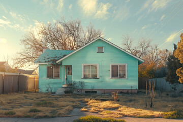 A soft turquoise house, nestled within a sparsely landscaped suburban environment, under the warm glow of the sun.