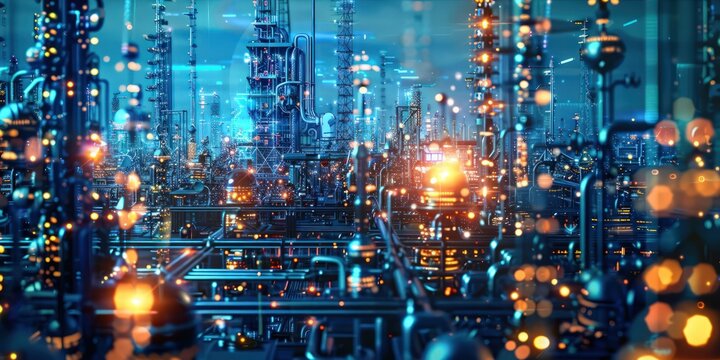 Future industrial smart city view with advanced neon light effect.