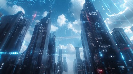 Craft a futuristic image featuring a bank in a financial district