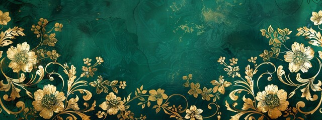 Fototapeta na wymiar Luxurious gold flowers and leaves on a textured emerald backdrop.