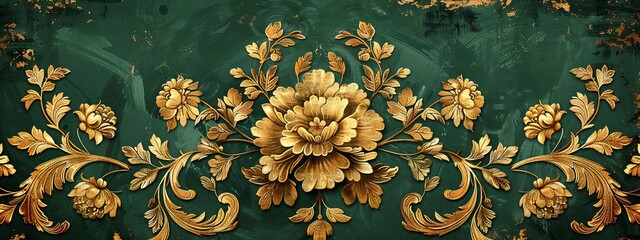 Luxurious gold flowers and leaves on a textured emerald backdrop.