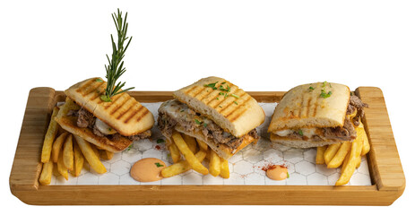 Cheesy steak panini sandwich with Tenderloin steak strips, cheese, French fries and sauce 
