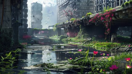 Obraz premium Destroyed city, A futuristic city has been destroyed, the background is spring, colorful flowers, a park, a breeze, a river, and a landscape,