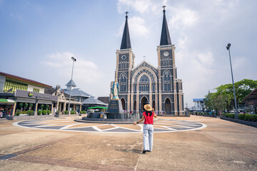 Chanthaburi, Thailand-February 10, 2024 : Tourists at Cathedral of the Immaculate Conception, Chanthaburi.