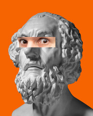 Antique statue bust with make eye photo element in orange background. Intense, serious, deep look. Modern design. Contemporary colorful art collage. Concept of creative vision, emotions.