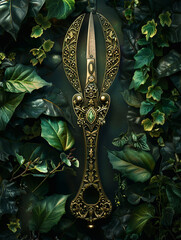 Sacred Gardeners Scissors, etched with ancient symbols, lush botanical environment, realistic image, silhouette lighting, double exposure effect