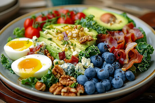 Classic American or French salads with kale Bibb lettuce almonds blueberries walnuts tomatoes bacon blue cheese avocado eggs and olive oil