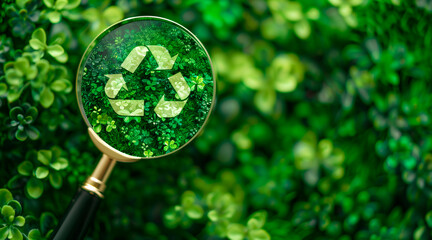 Magnifying glass with reduce CO2 emissions carbon symbol on green background for climate change to limit global warming and sustainable development and green business concept