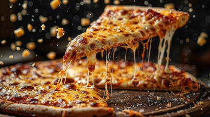 A flying slice of four cheeses pizza with stretching cheese on a black background. - obrazy, fototapety, plakaty