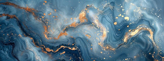 Abstract blue marble texture with swirling golden patterns. - obrazy, fototapety, plakaty