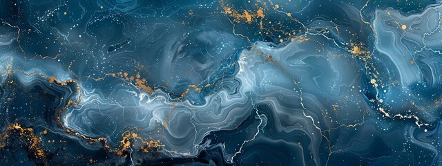Abstract blue marble texture with swirling golden patterns.