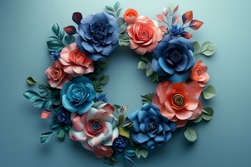 Pastel colored paper roses wreath on light green background, shown from a top view Minimalist style the colors of flowers have ombre effect from pink orange blue and green.
