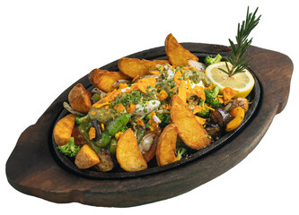 Vegetable sizzler with potato, cream cheese, parmesan cheese, basil, rosemary, sour cream and coriander