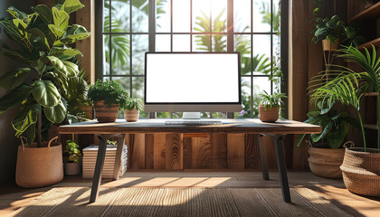 A computer monitor sits on a wooden desk in front of a brick wall by AI generated image