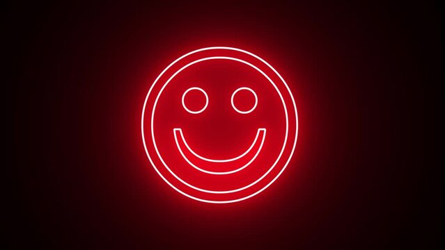 Glowing red neon smile face emoticon symbol blinking animation. Happy emoji facial expression icon loop motion graphics video with alpha channel. Abstract positive emotion sign animation