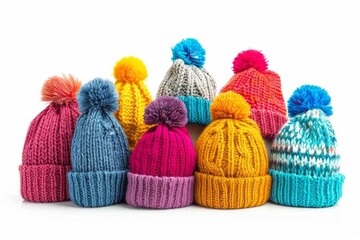 collection of colorful knitted wool hats for spring and autumn isolated on white - obrazy, fototapety, plakaty