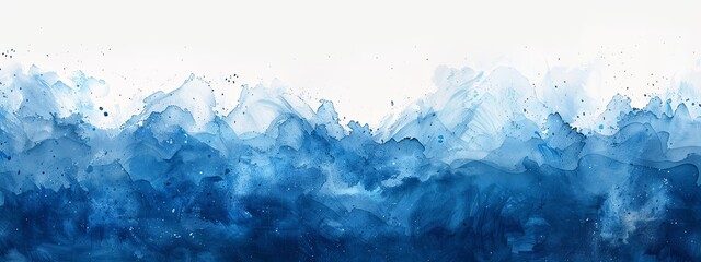 A panoramic abstract art piece illustrating blue watercolor splashes.