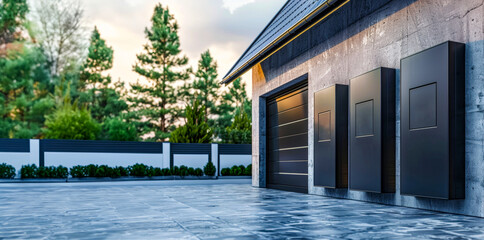 A garage with a black wall and a black door