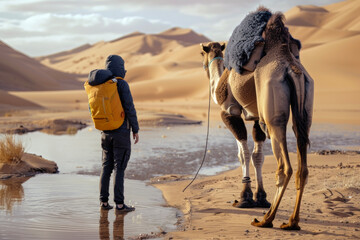 A Traveler Seen from Behind Standing Next to a Camel Drinking Water at a Desert Oasis, An Evocative Moment of Exploration and Serenity