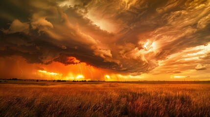 dramatic lightning storm with dark clouds orange sky weather warning background