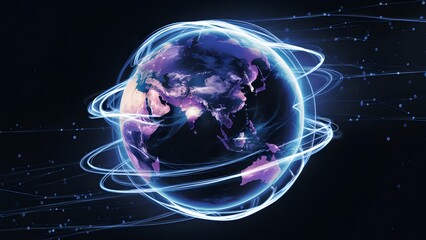 digital representation of Earth, showcasing a mesmerizing fusion of vibrant blue and purple hues, with distinct continental outlines visible. The captivating swirling light trails