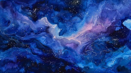 dreamy watercolor night sky swirling stars and nebulas in deep blues and purples expressive cosmic painting - obrazy, fototapety, plakaty