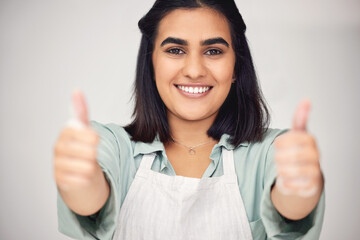 Woman, thumbs up and cleaner in studio portrait, foam and agree on chemical cleaning. Female...