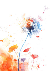 Watercolor art of a dandelion with seeds floating in the wind