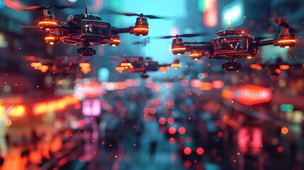 Hovering Guardians Chrome Drones Patrolling the NeonLit Cityscape