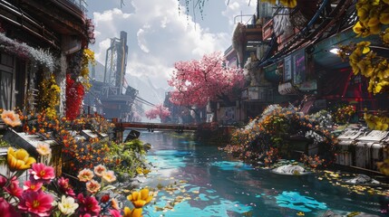 Destroyed city, A futuristic city has been destroyed, the background is spring, colorful flowers, a park, a breeze, a river, and a landscape,