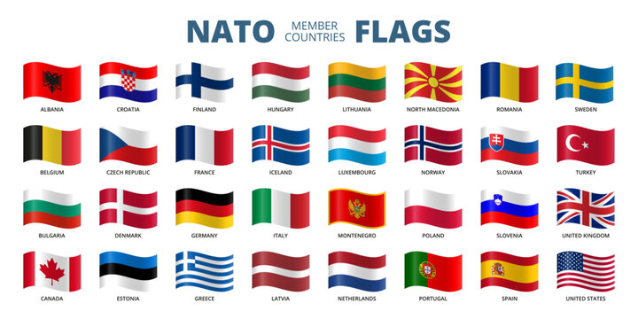 NATO member countries. Wave flags on transparent background.