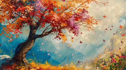 Obraz na płótnie Canvas enchanting autumn tree with colorful flowers oil painting on canvas landscape art