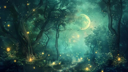 enchanting fantasy forest scene under the moonlight with mysterious glowing lights dancing among the trees digital painting - obrazy, fototapety, plakaty